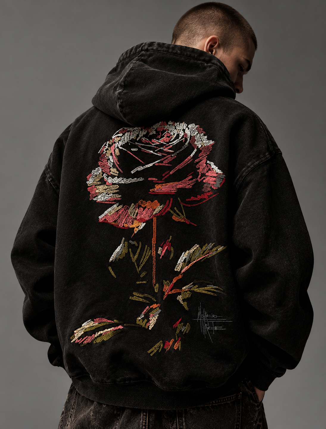 Washed-black REBEL ART hoodie photographed from the back