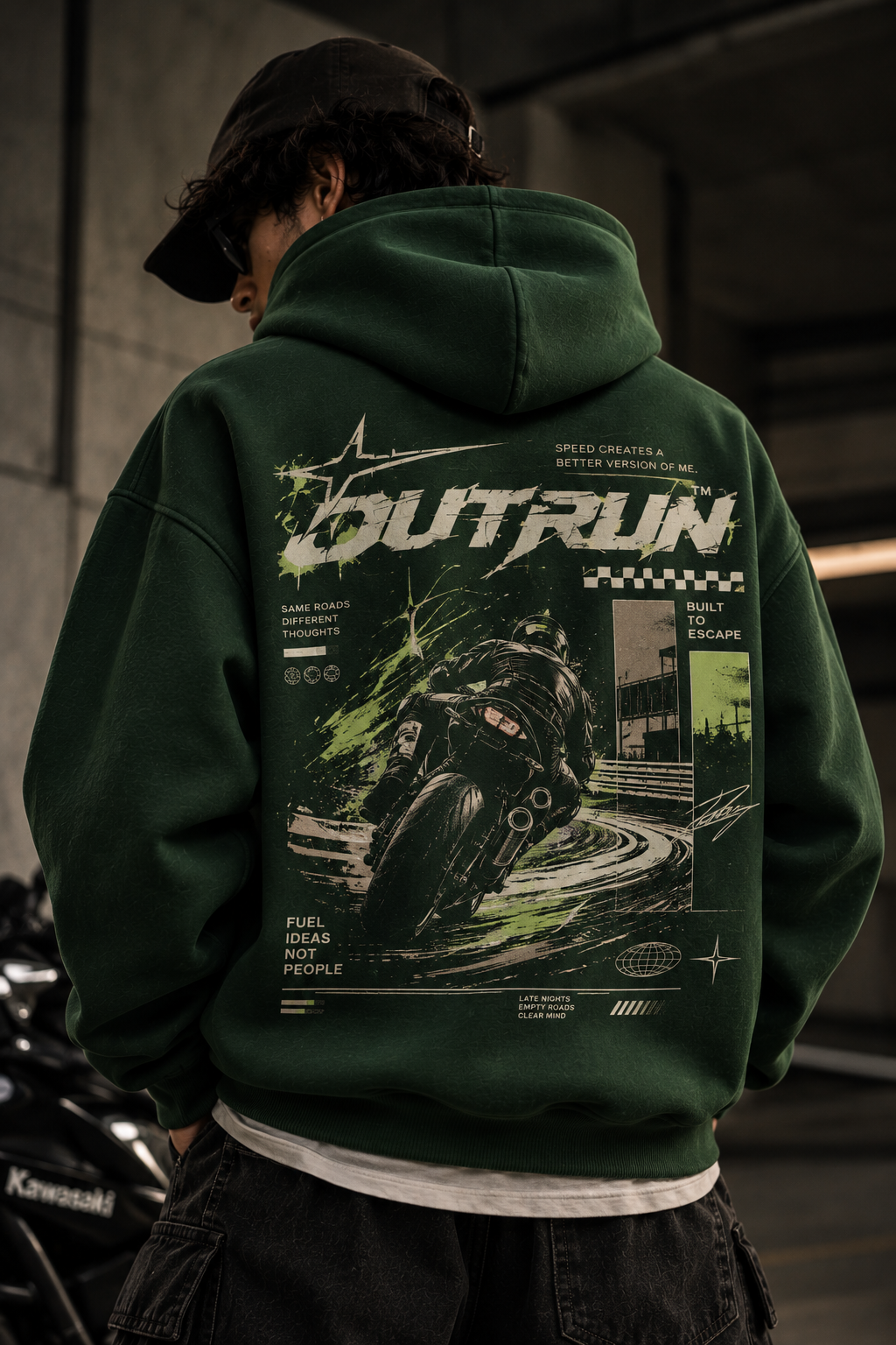Outrun Motorsport Graphic Oversized Hoodie – Forest Green